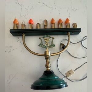 Vintage Electric Hanukkah Menorah Israel Brass Green Enamel Hanukkah WORKING